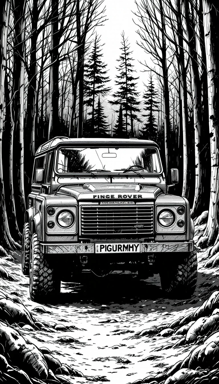 Ink drawing of a rugged 1980s suv in a dark forest