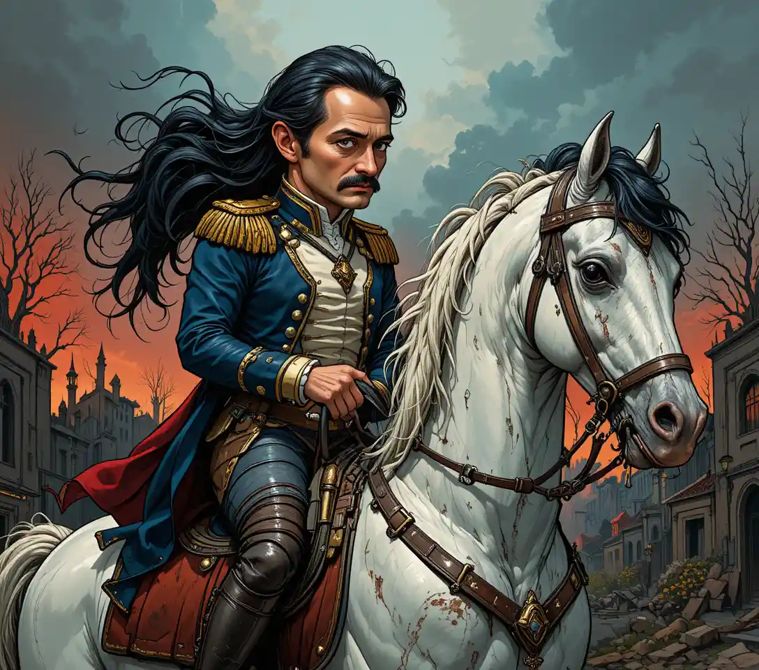 Napoleon on a white horse in a dramatic military scene