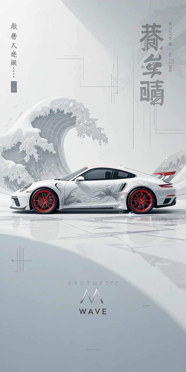 合成波景觀中的未來感白色跑車