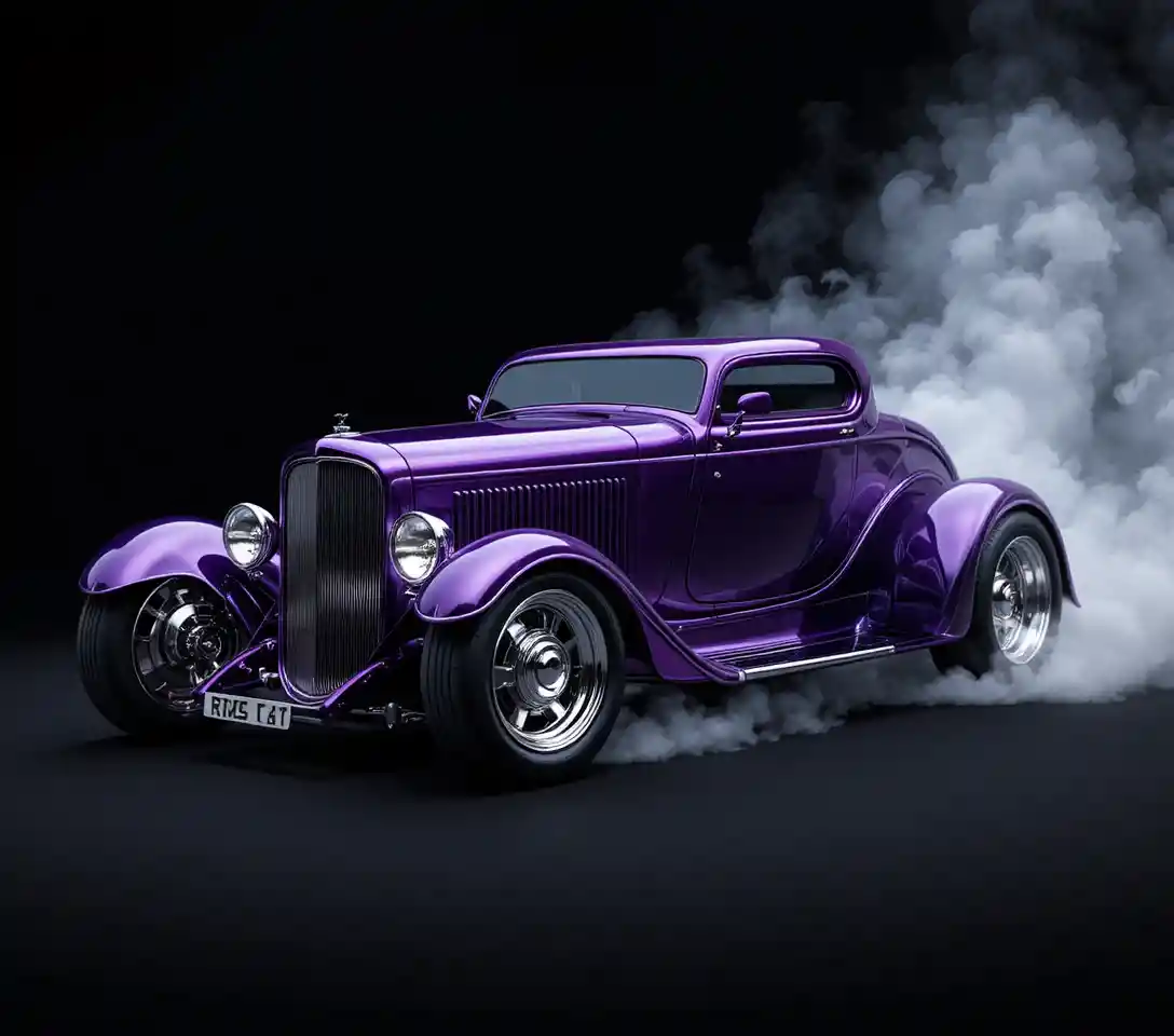 Carro retrô futurista com rodas cromadas em fundo preto