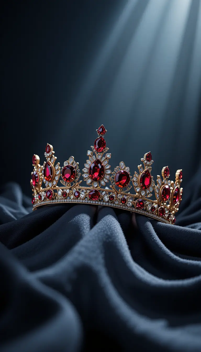 Couronne en rubis sur soie sombre sous un doux projecteur