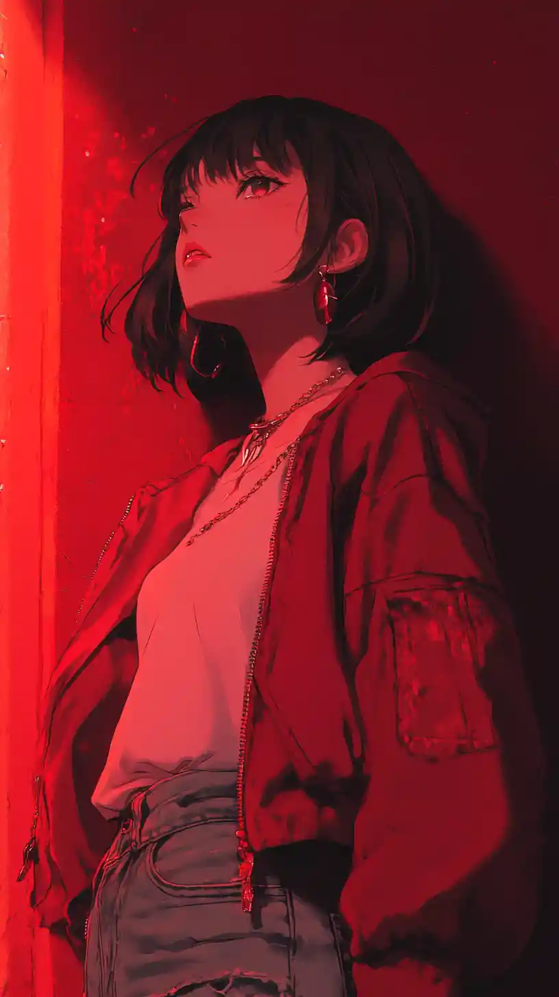 紅色夾克的動漫少女在深紅光線中仰望