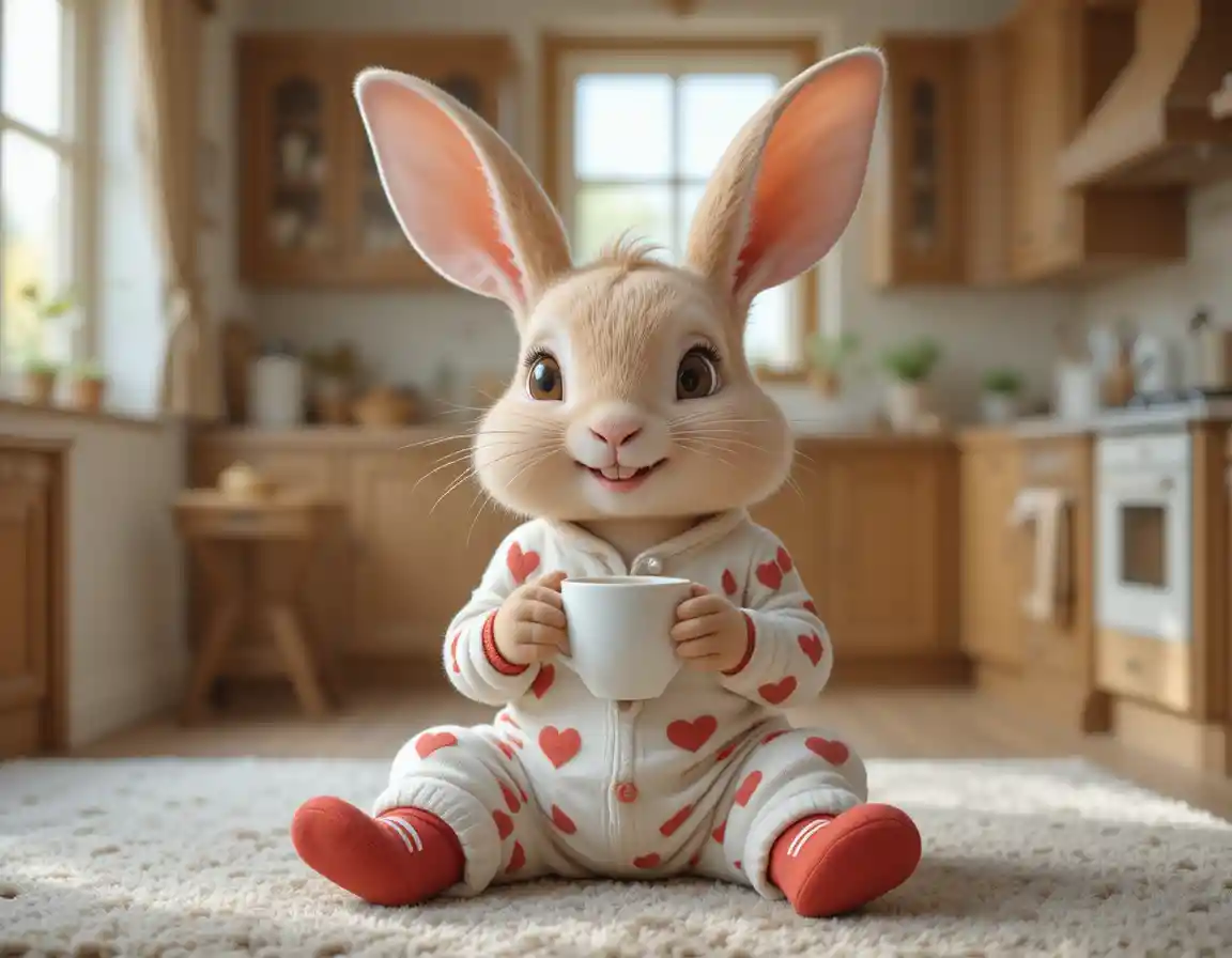 Dolce coniglietto in pigiama con cuori si rilassa in una calda cucina
