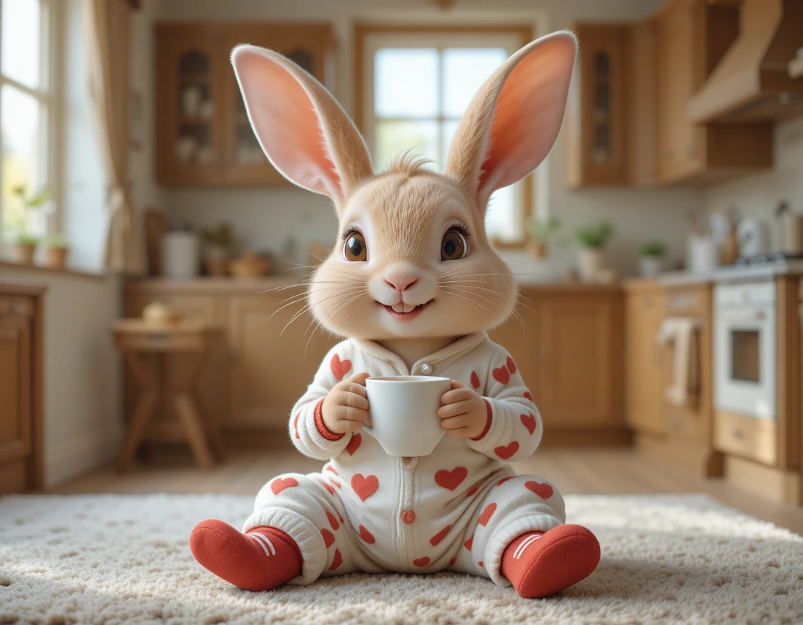 Coelhinho fofo de pijama com corações relaxando em uma cozinha aconchegante