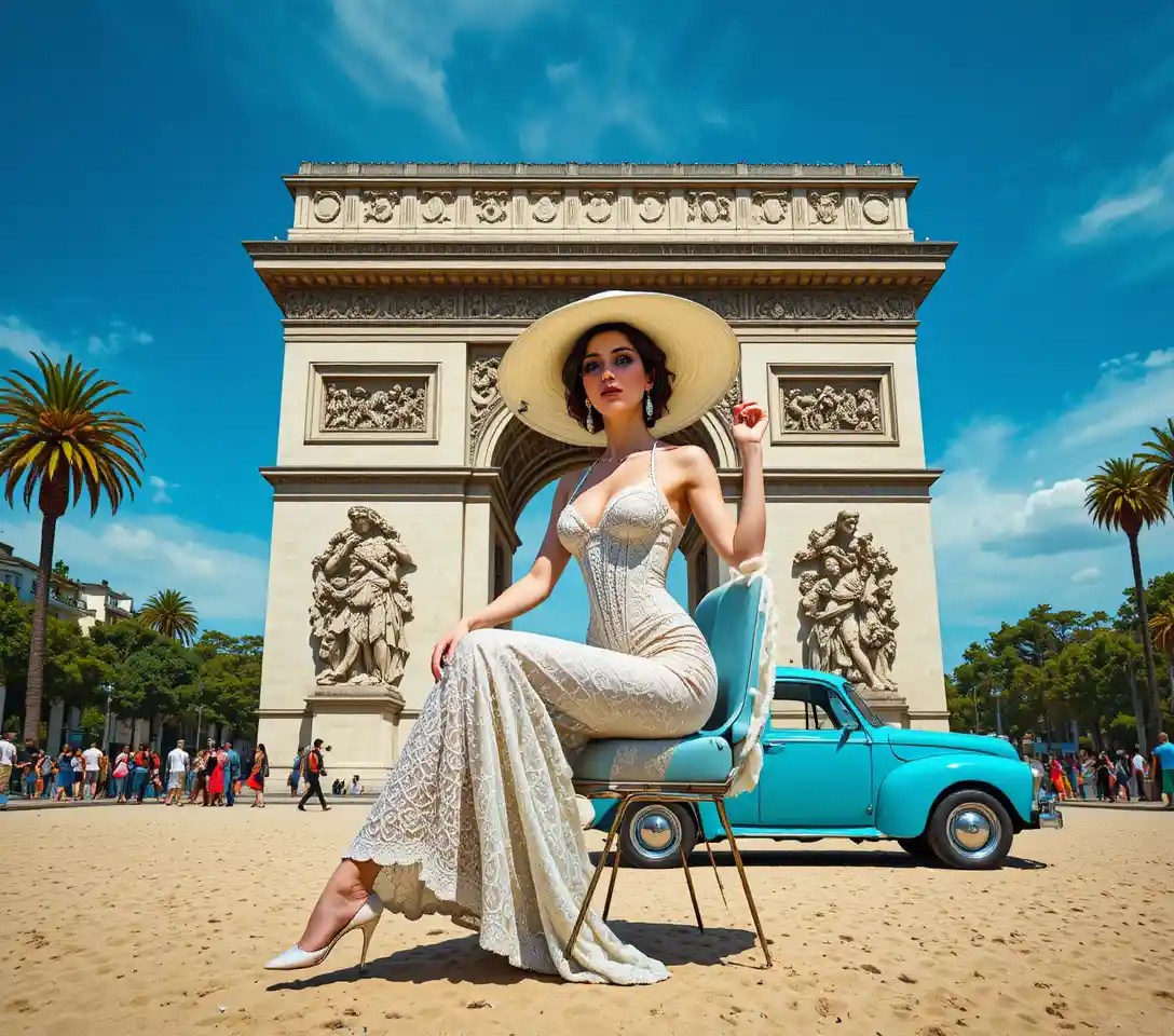 Mulher elegante posando em frente ao Arco do Triunfo