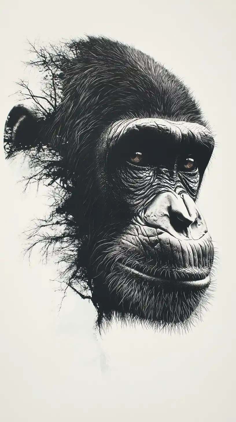 Ink chimpanzee silhouette with realistic face details