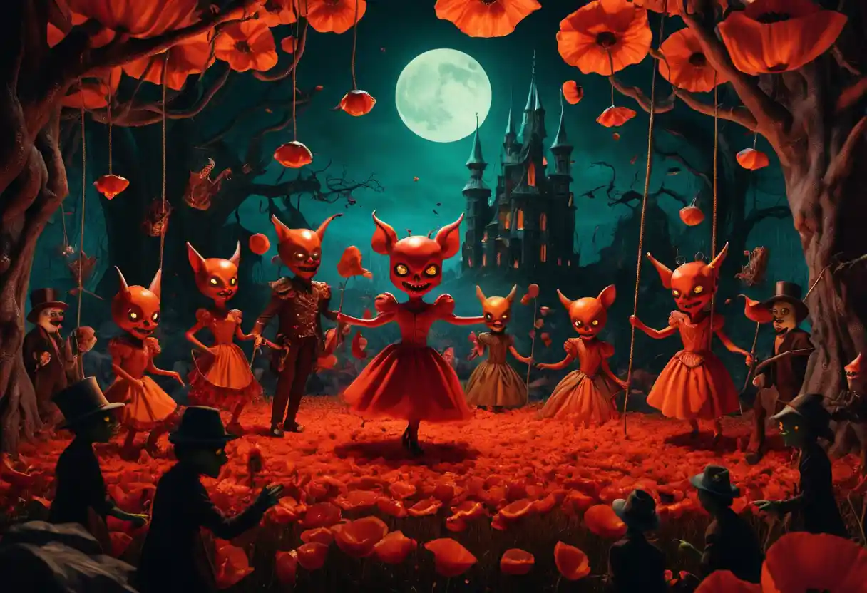 Festa de demônios vermelhos brincalhona em uma cena de fantasia popsurreal