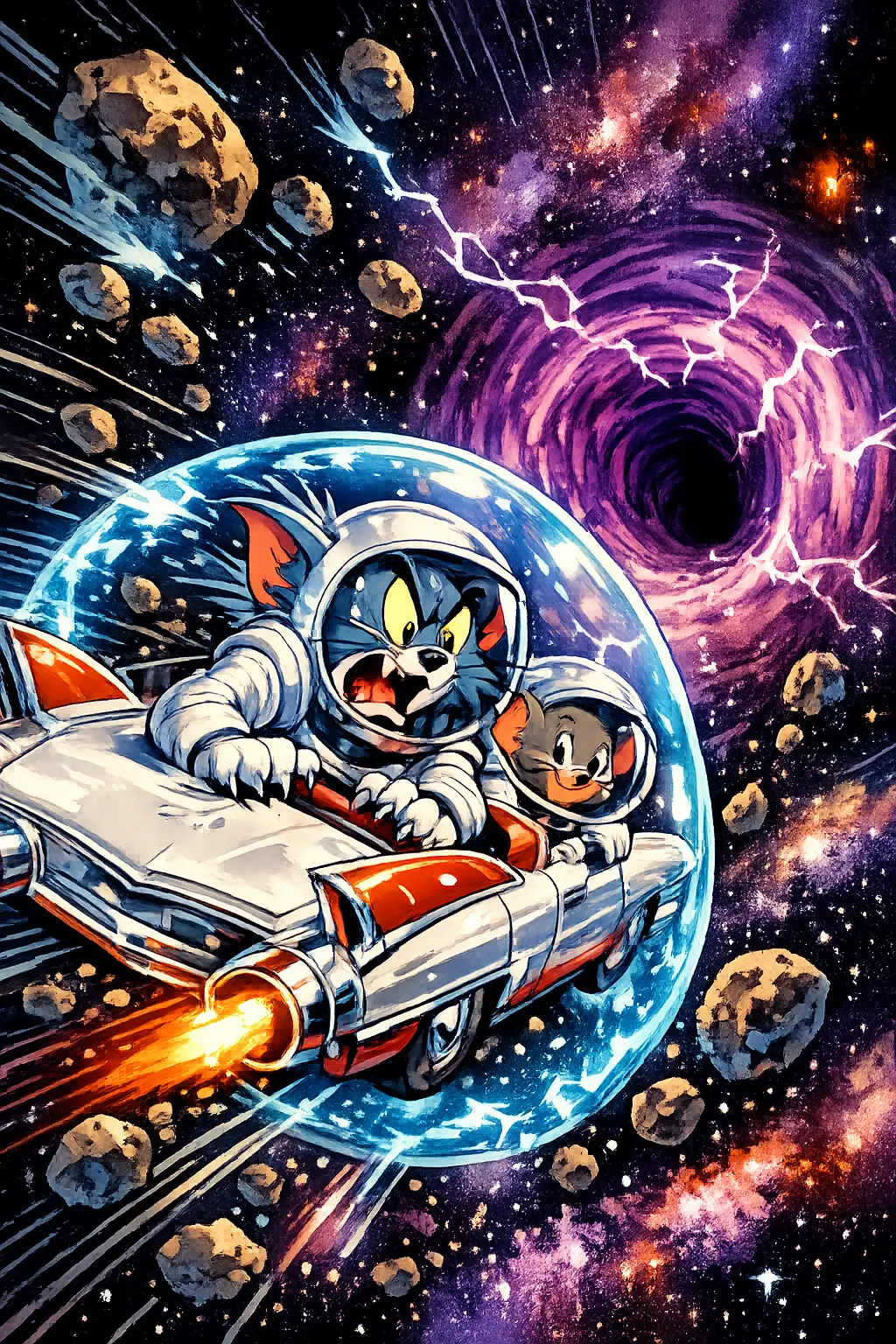 卡通貓和老鼠在外太空混亂中飛速競賽