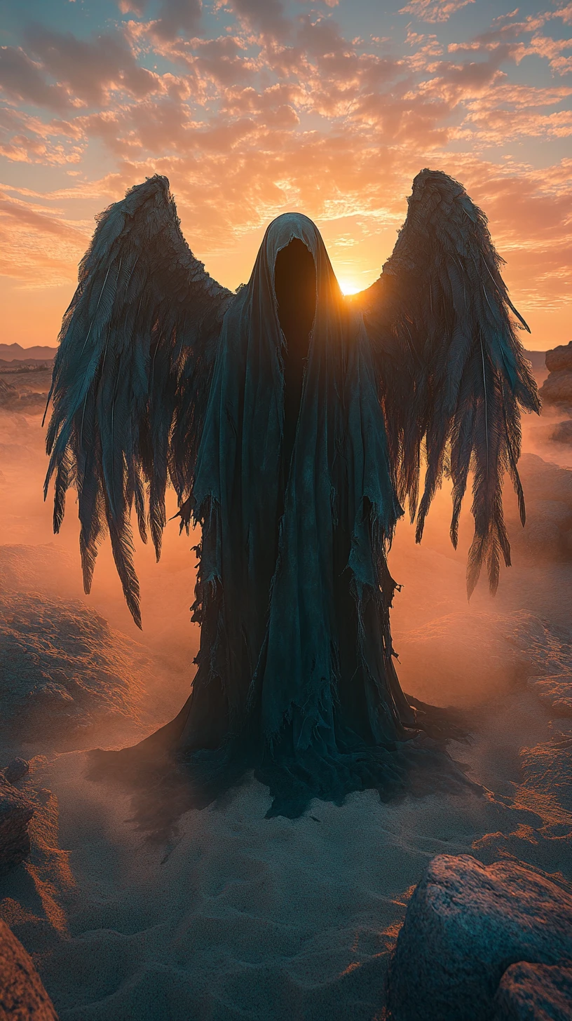 Anjo encapuzado monumental em duna rochosa ao pôr do sol