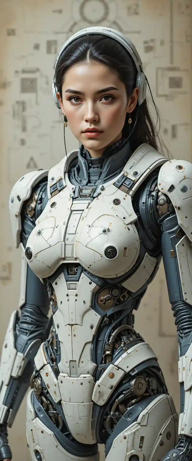 Mech-Pilotin im biomechanischen Exosuit – frontales Porträt