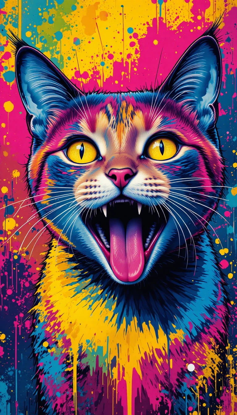 Primo piano pop art colorato di un gatto che urla