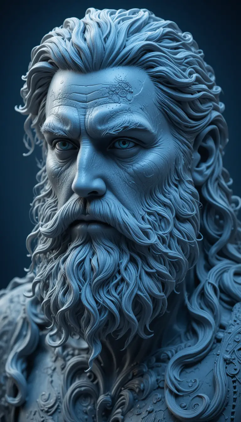 Sculpture mystique d’homme barbu aux cheveux bleus avec motifs tourbillonnants
