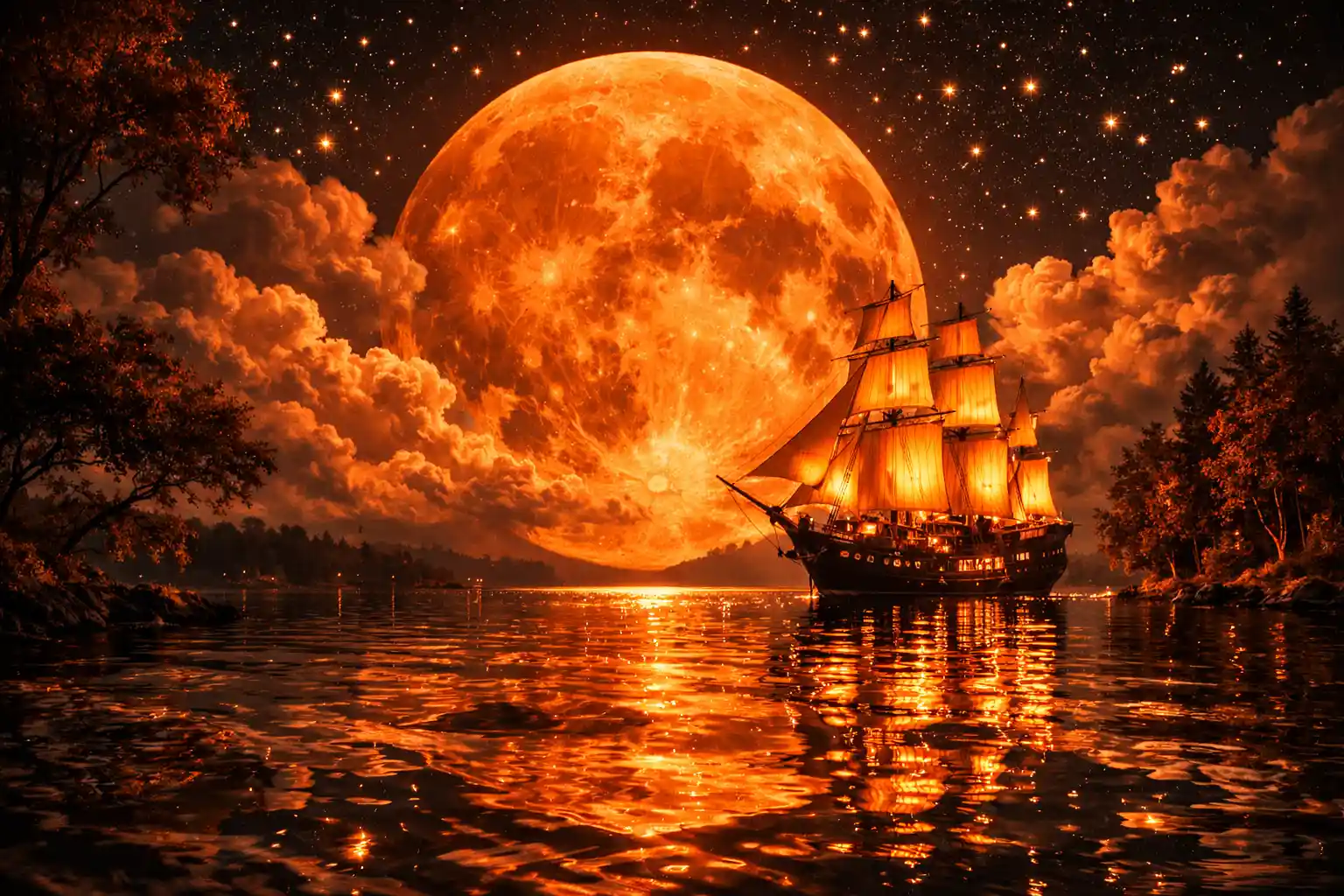 Lac nocturne surréaliste avec navire lumineux et gigantesque lune orange