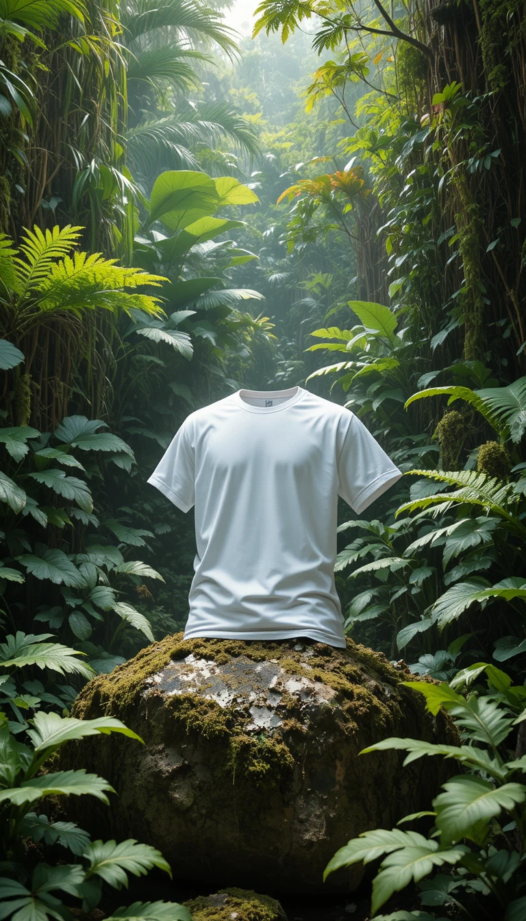 White tshirt resting on jungle rock in soft sunlight