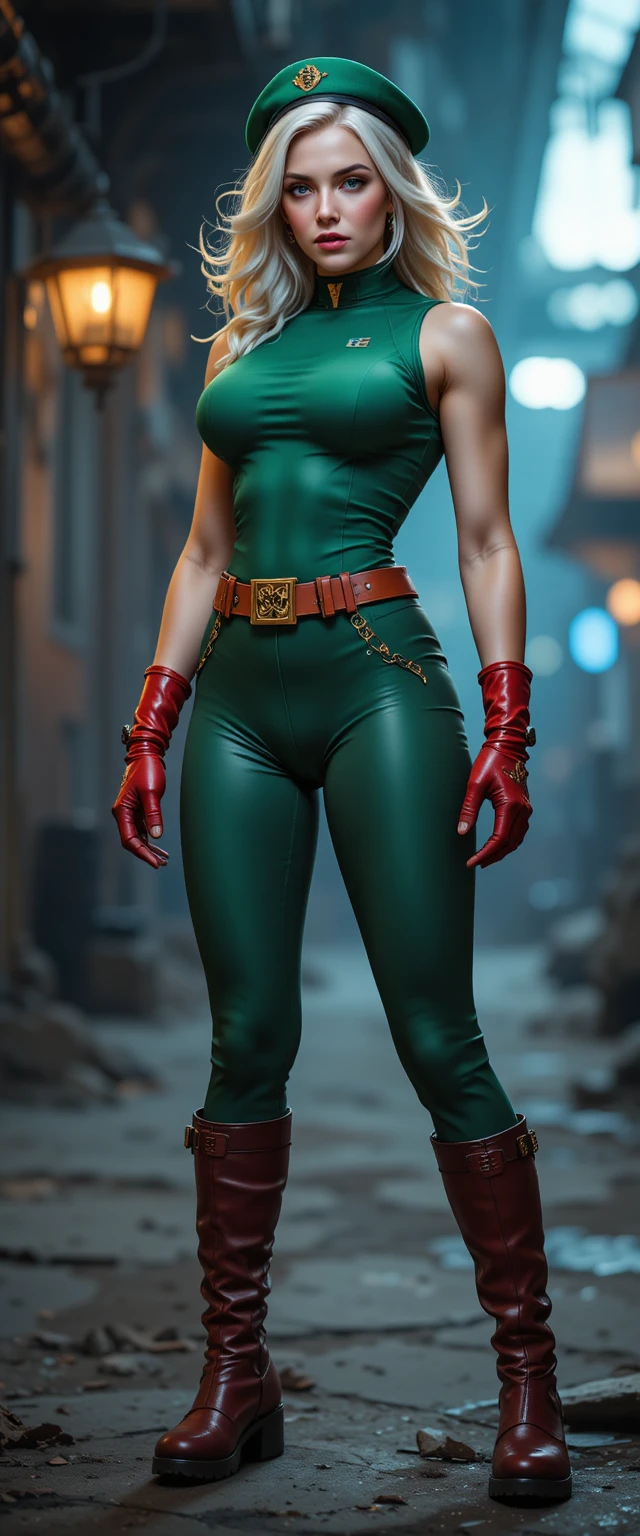 Confident woman in green bodysuit cosplay with urban backdrop
