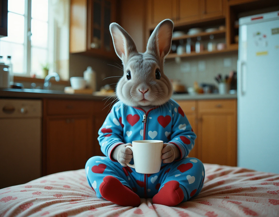 Coelhinho cinza fofo de pijama sentado em uma cozinha aconchegante