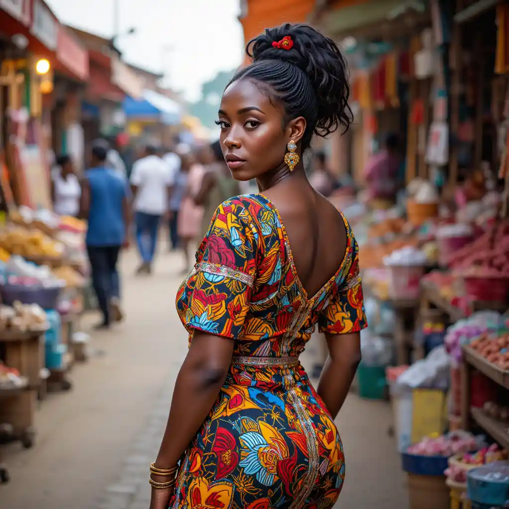 Donna sicura di sé con abito africano moderno al mercato di Abidjan