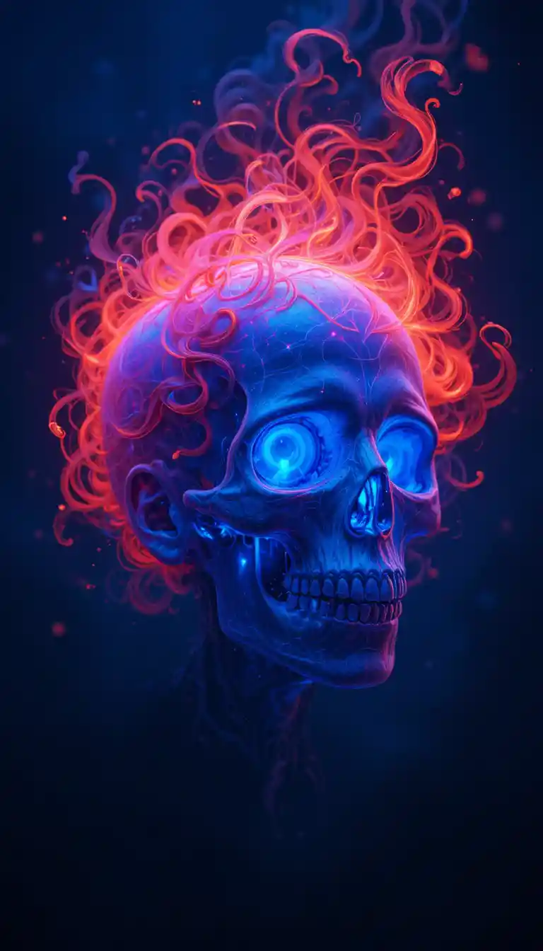Caveira Brilhante com Cabelo Vermelho em Chamas em Fundo Azul-Escuro