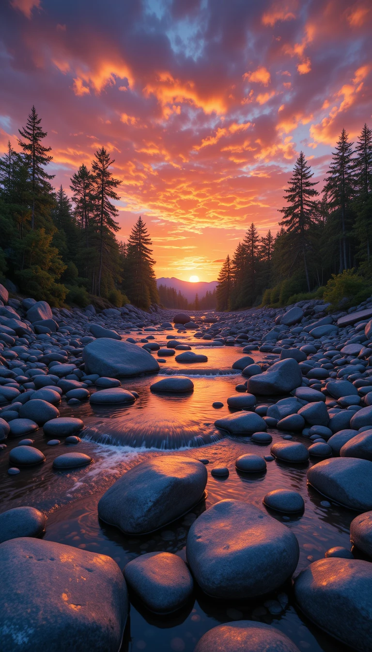 Coucher de soleil sur lit de rivière rocheux avec reflets lumineux de la forêt