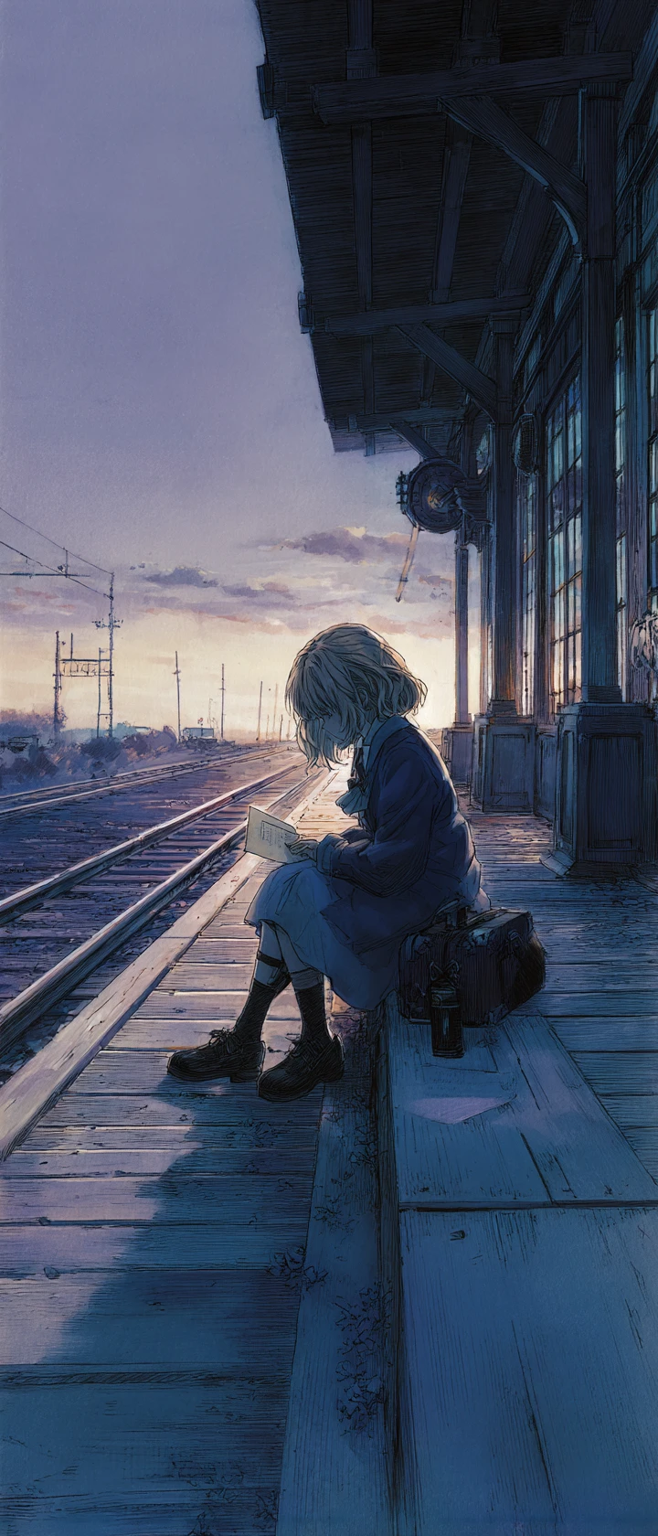 Former soldier woman on lonely twilight train platform