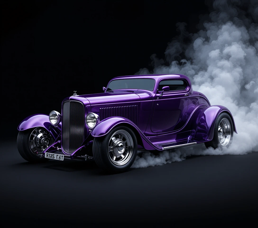 Carro retrô futurista com rodas cromadas em fundo preto