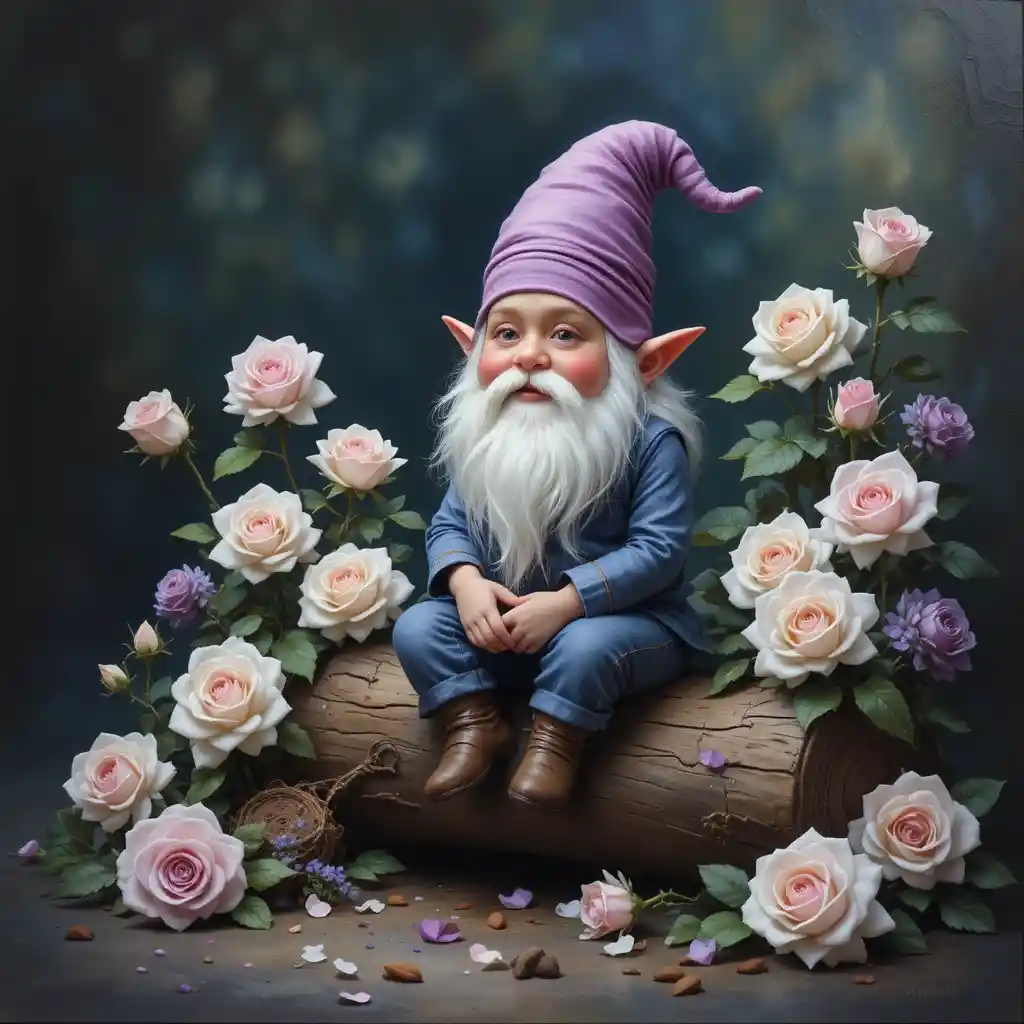 Gnome Reposant sur un Tronc de Forêt parmi des Roses Blanches et Violettes