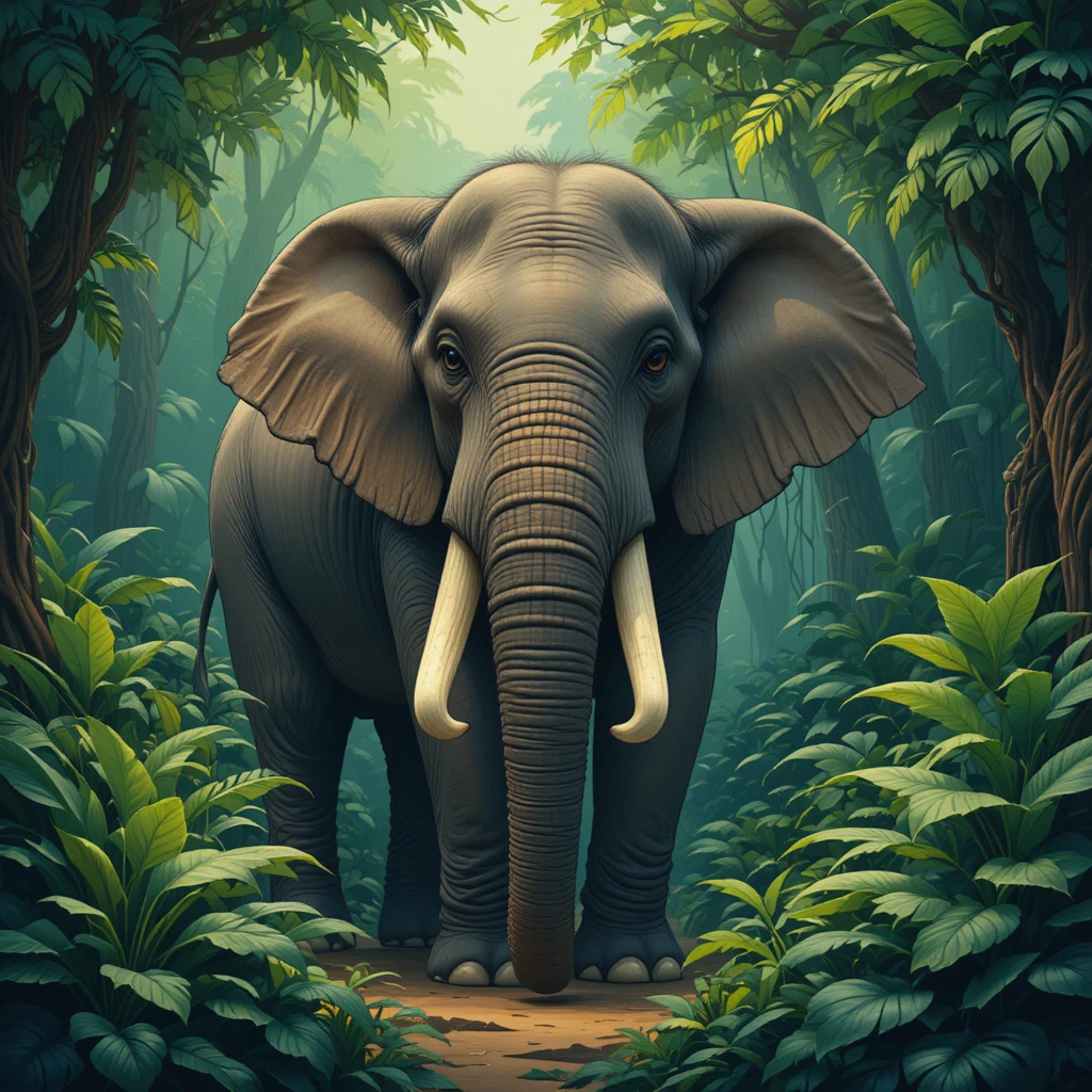 Elefante gentil em pé silenciosamente em uma selva verdejante