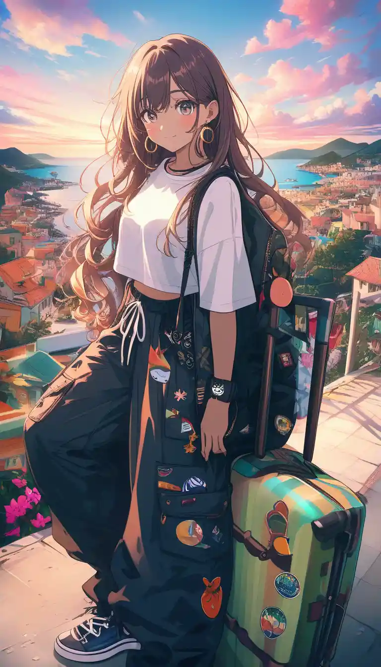 Anime-Mädchen auf Dachterrasse im goldenen Abendlicht