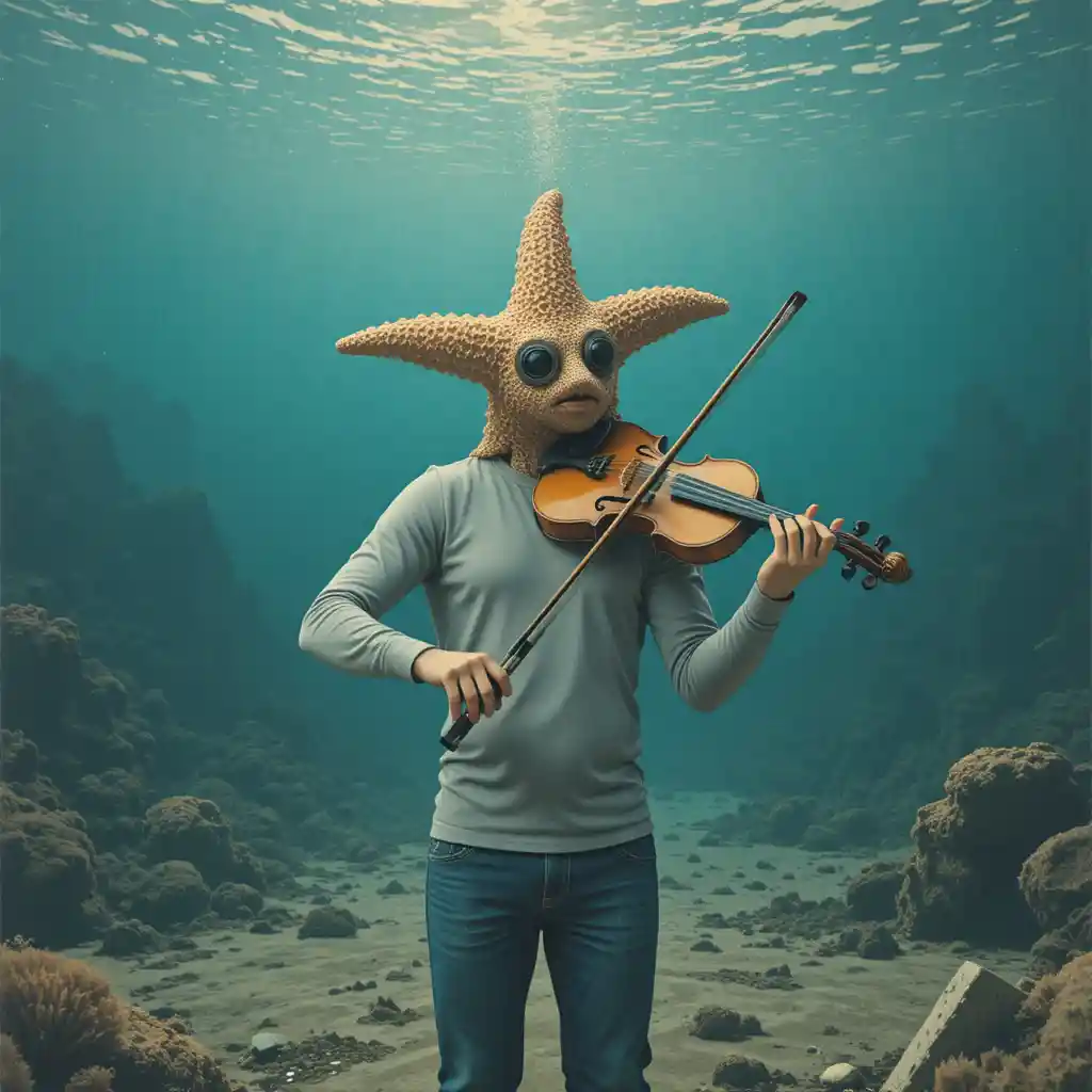 Figura surreal com cabeça de estrela-do-mar toca violino debaixo d’água