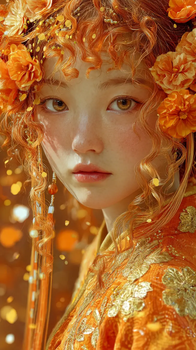 身穿橘色花卉漢服的亞洲女孩