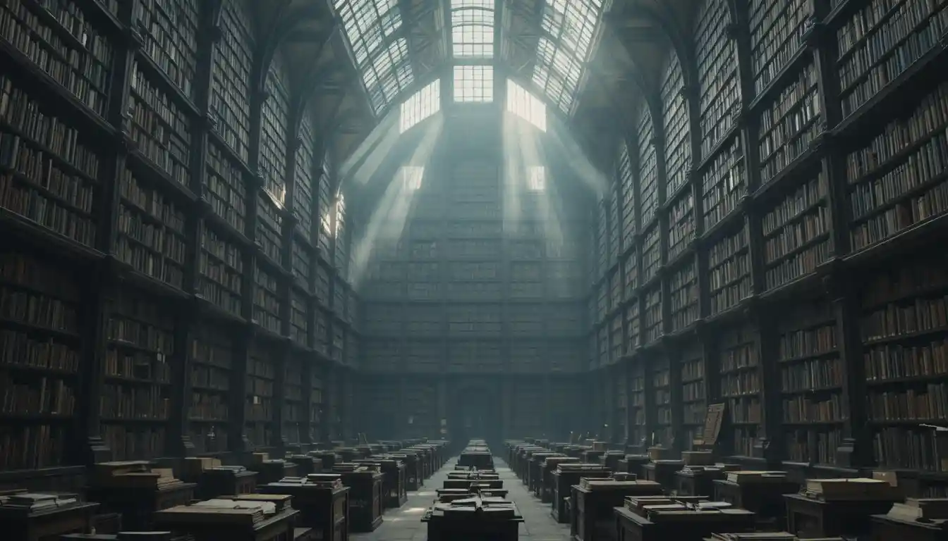 Vaste intérieur de bibliothèque antique avec rayonnages répétés et lumière