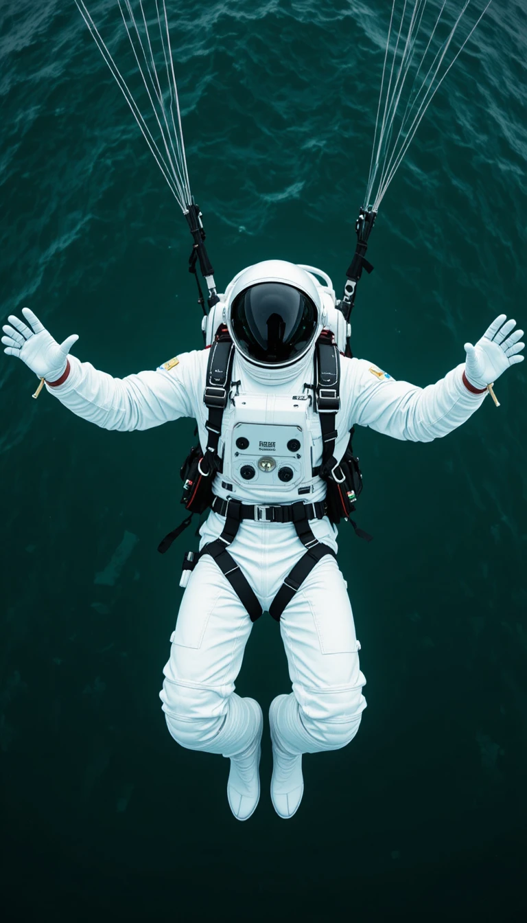 深いグリーンの海へスカイダイビングする宇宙飛行士