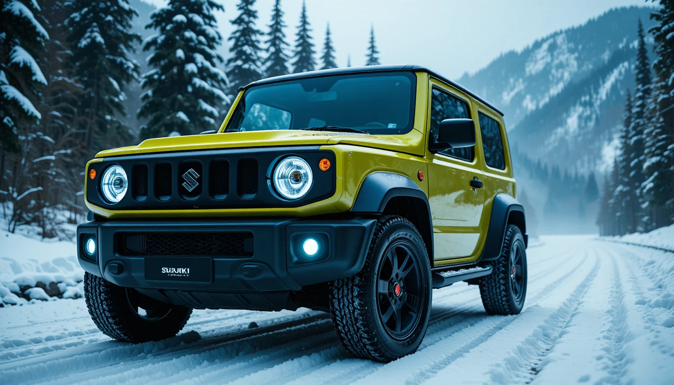 Lemon green suv on snowy mountain forest road