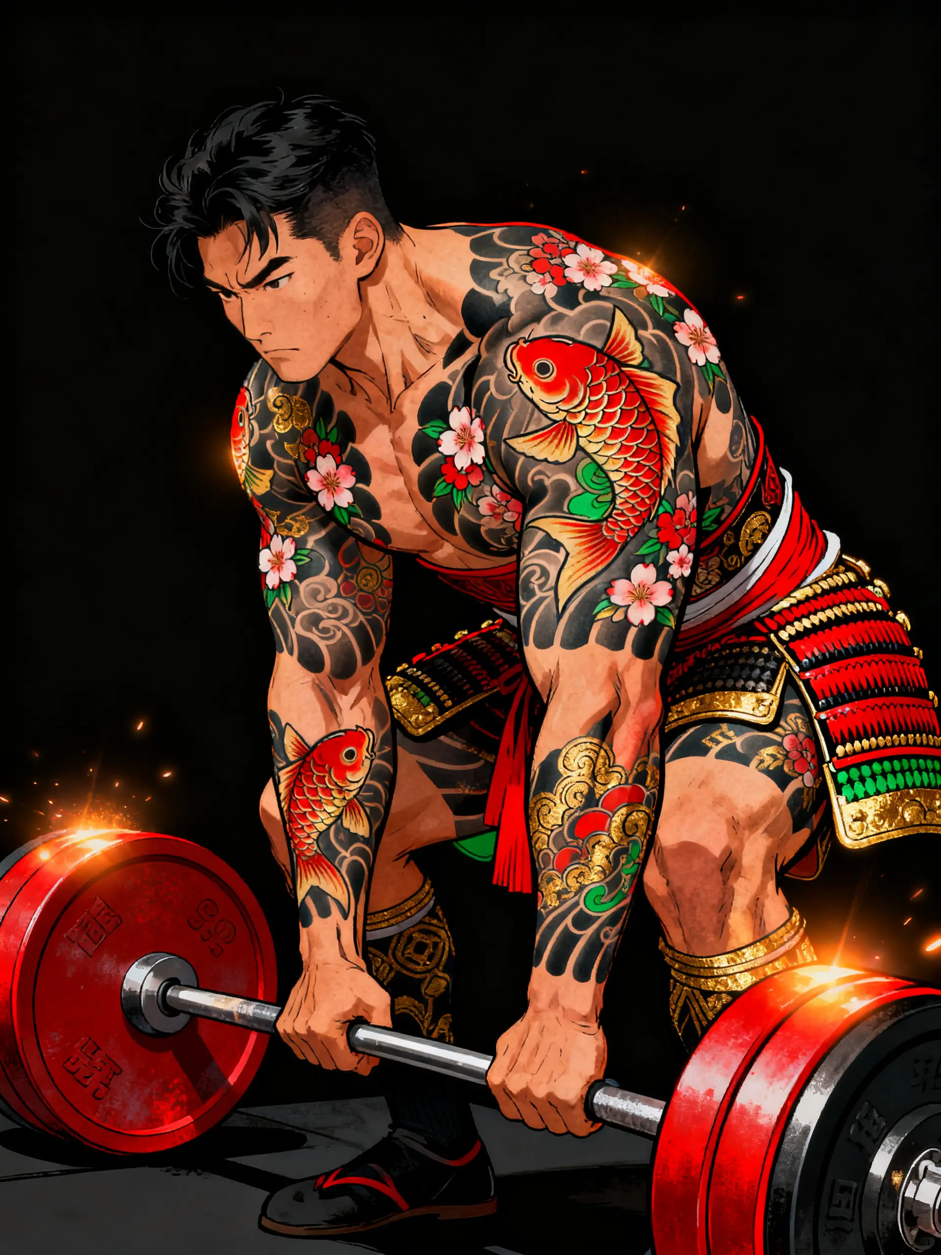 Haltérophile tatoué réalisant un deadlift sur fond noir