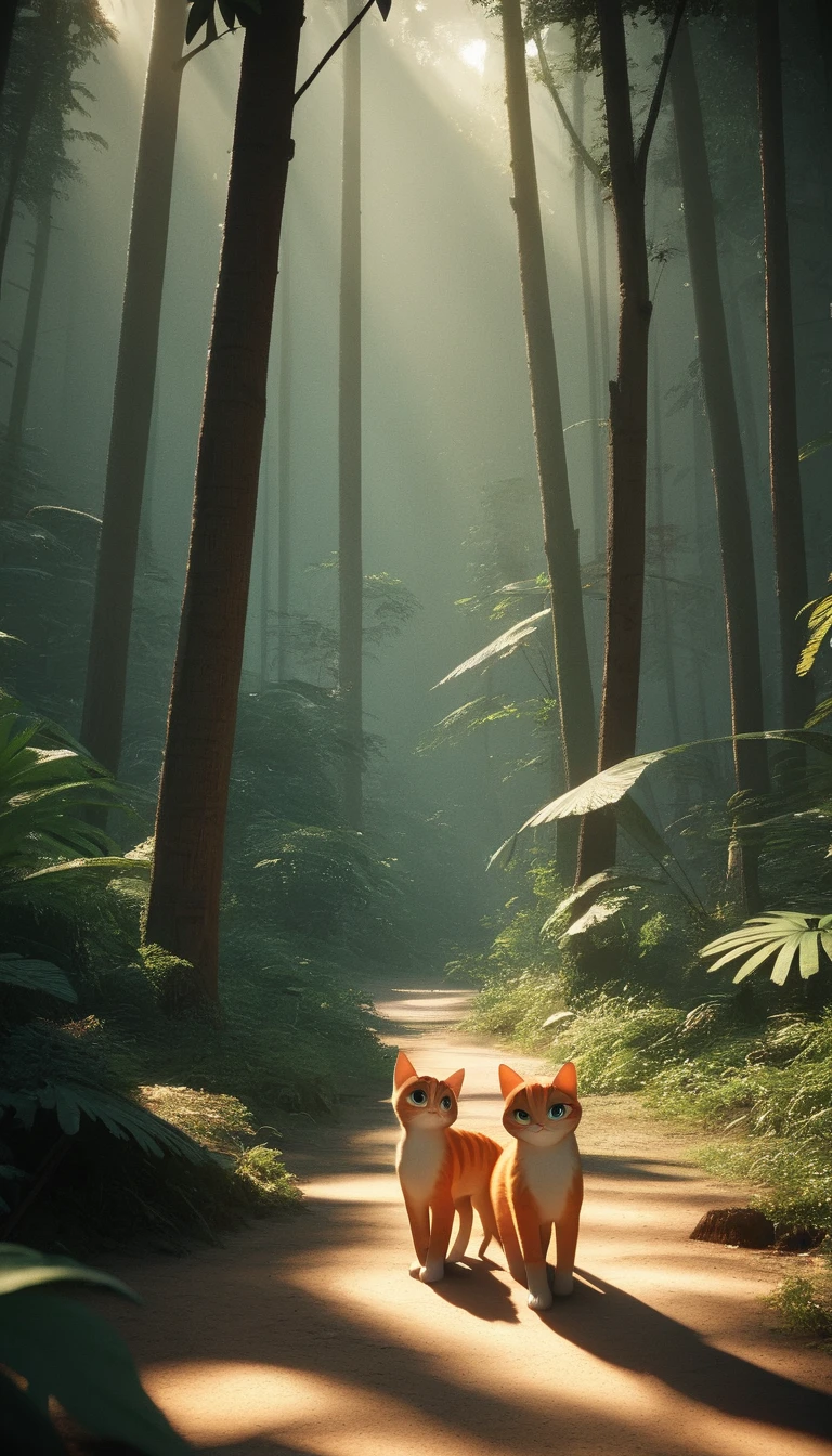 Two cute 3D cats at the edge of a tropical forest