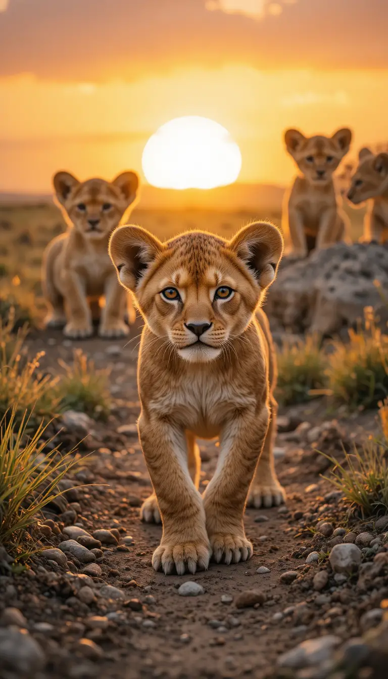 Junges Löwenjunges läuft bei Sonnenuntergang über felsige Savanne