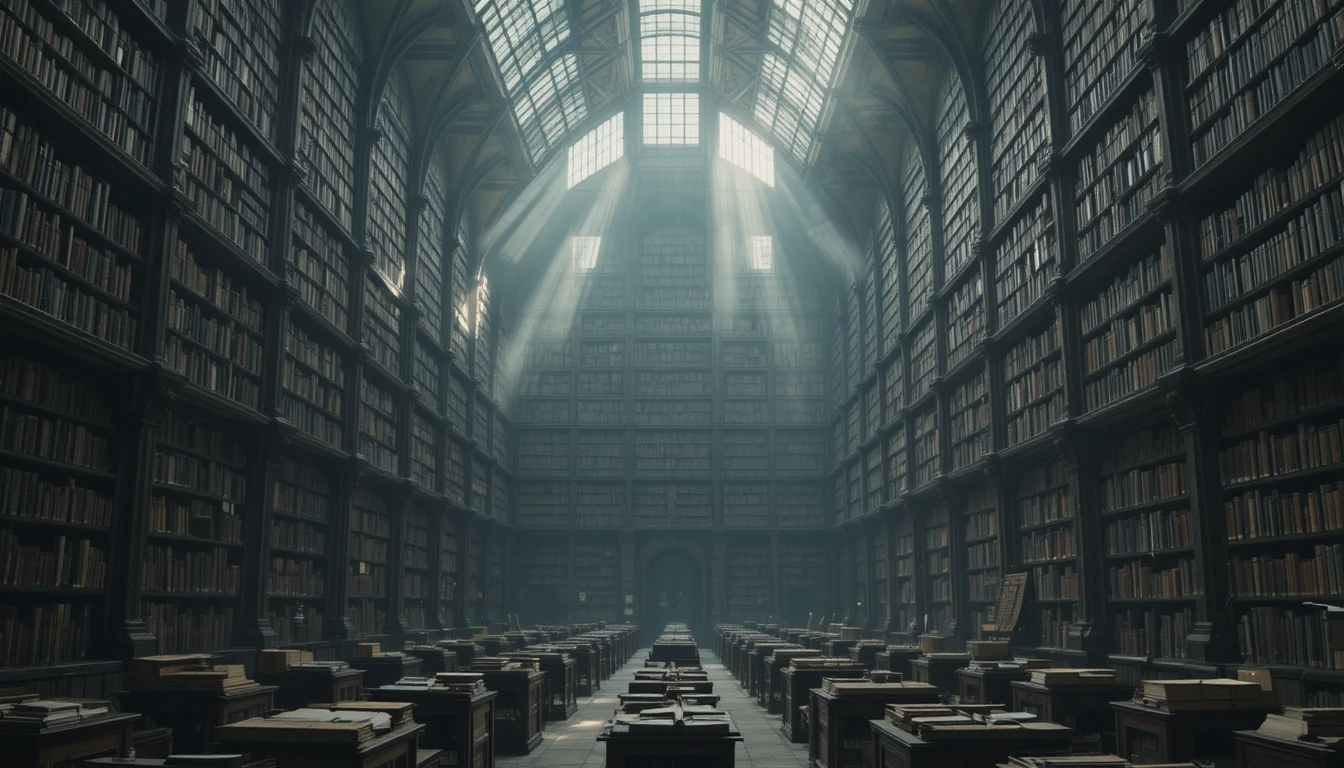 Amplo interior de biblioteca antiga com estantes repetidas e luz