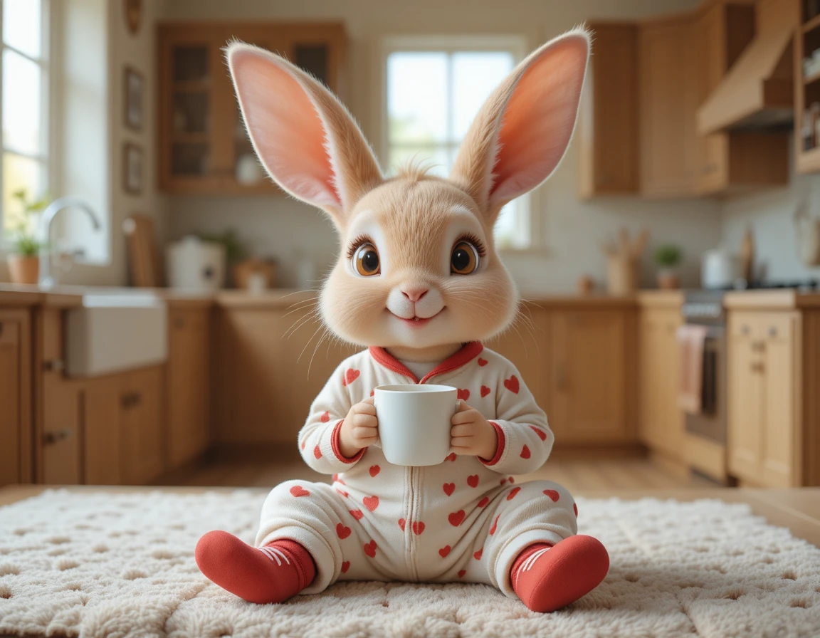 Coelhinho fofo de pijama de coração segurando uma bebida quente