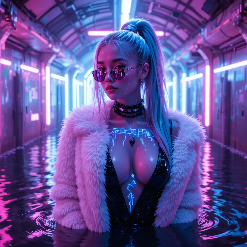 Ritratto di donna cyberpunk in tunnel sotterraneo allagato dai neon