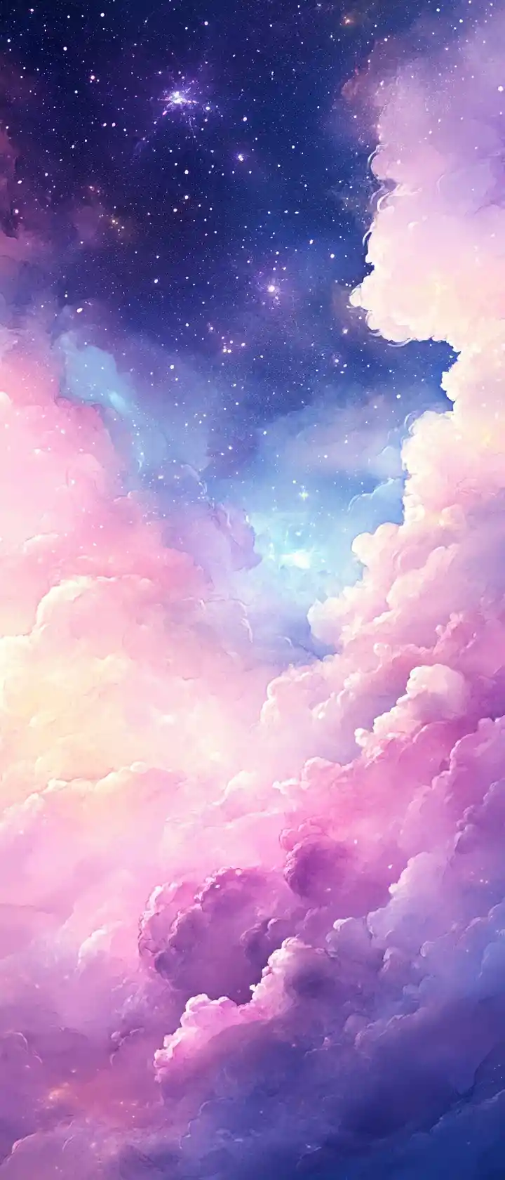 Nuvole incantate e giocose che fluttuano in un cielo stellato