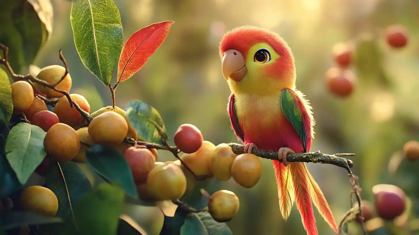 Colorful baby parrot perched on fruit branch in rainforest