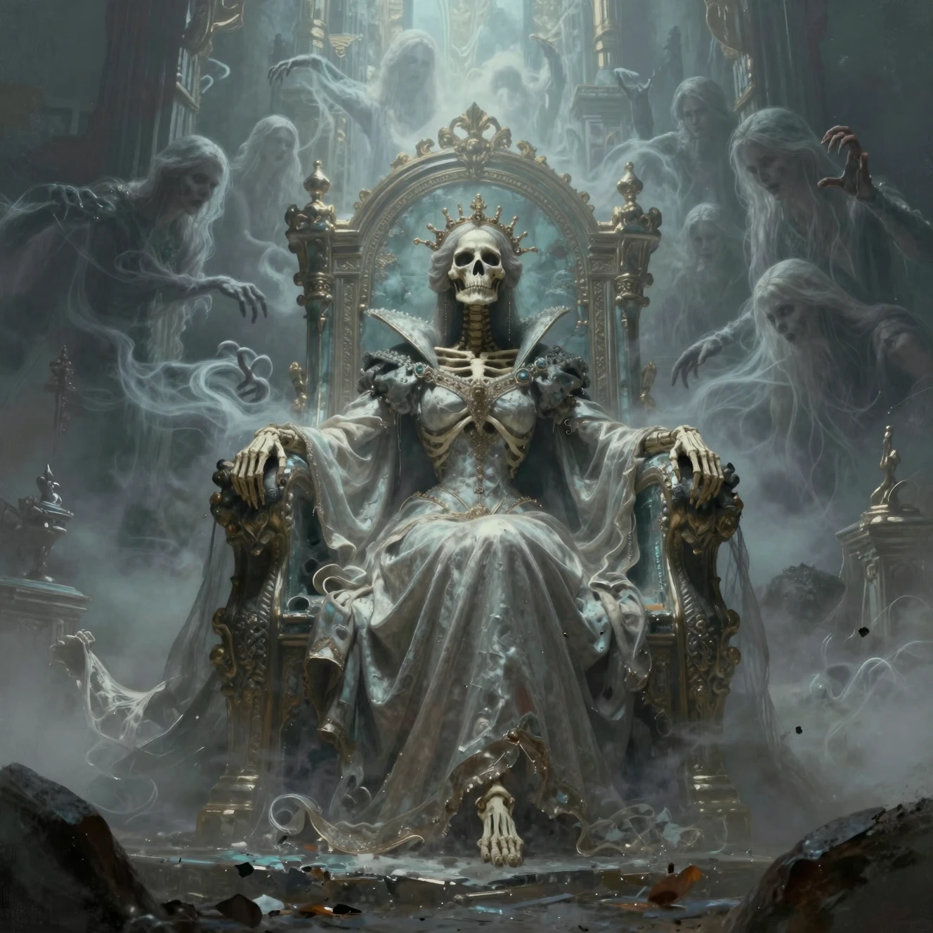 Rainha esquelética em um trono de obsidiana em meio à névoa fantasmagórica