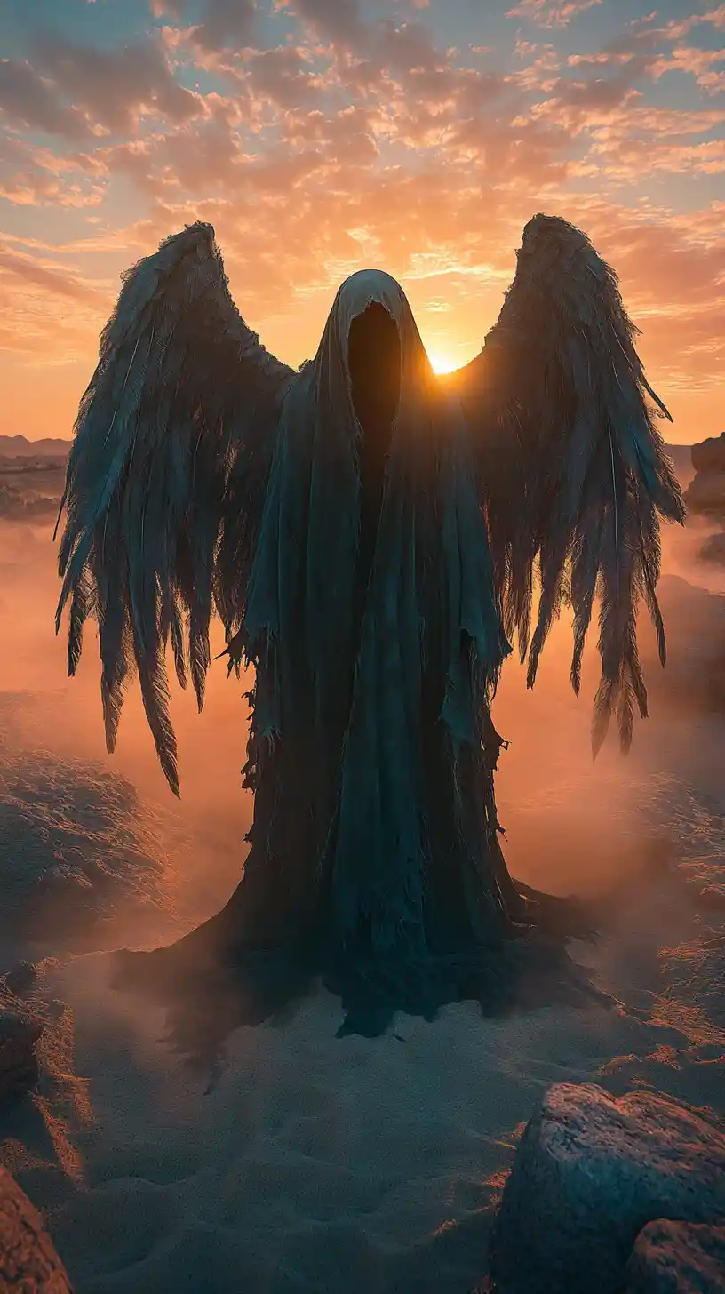 Anjo encapuzado monumental em duna rochosa ao pôr do sol
