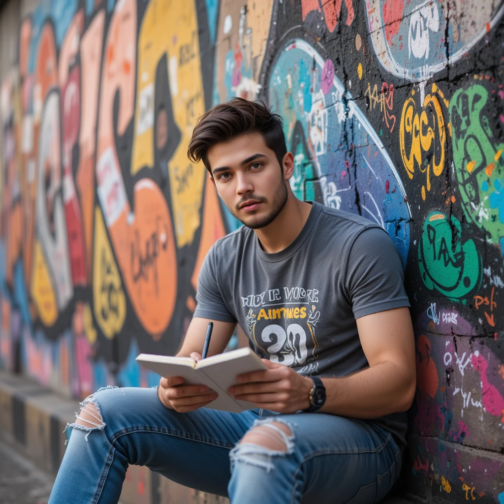 Joven dibujando ideas junto a un colorido muro de grafiti