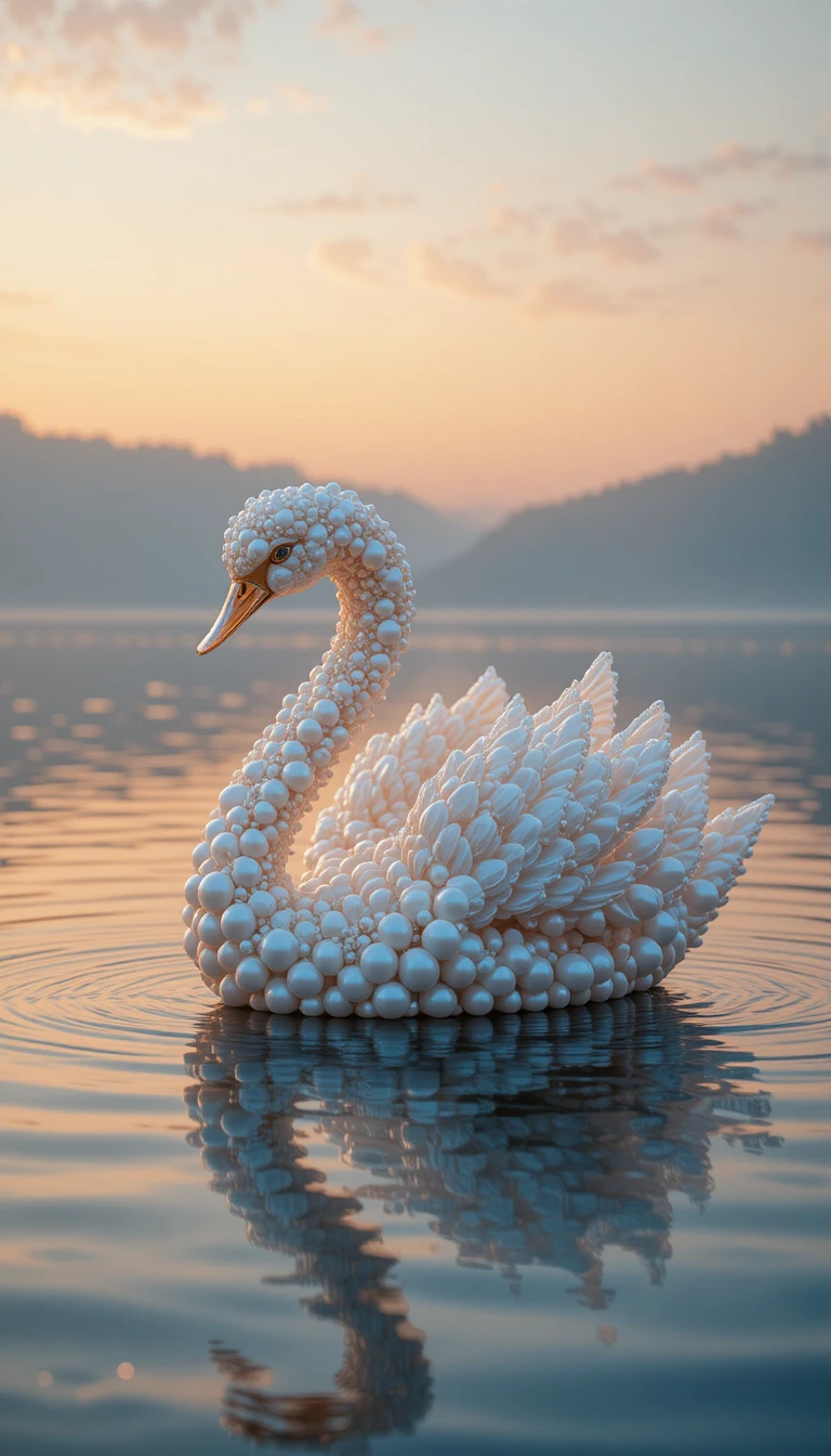 Cygne de perles glissant sur une eau calme et réfléchissante à l’aube