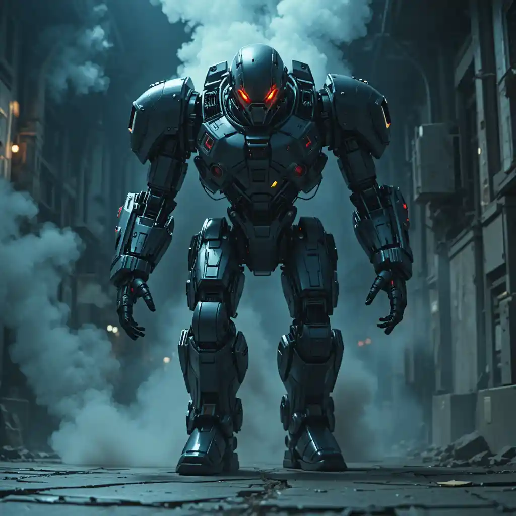 Gigantischer Roboter marschiert nachts durch aufgerissene Stadtstraße