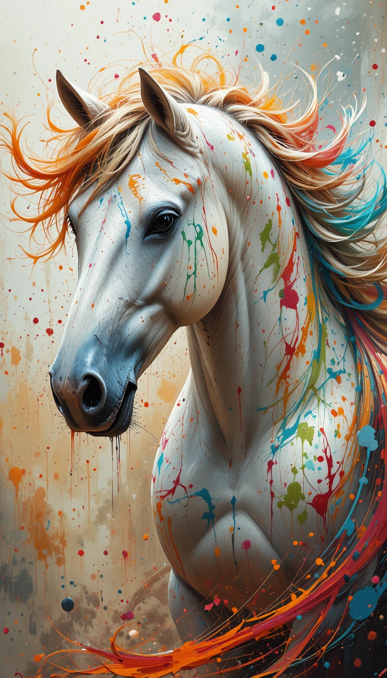 Cavalo branco salpicado de cores com fundo abstrato vibrante