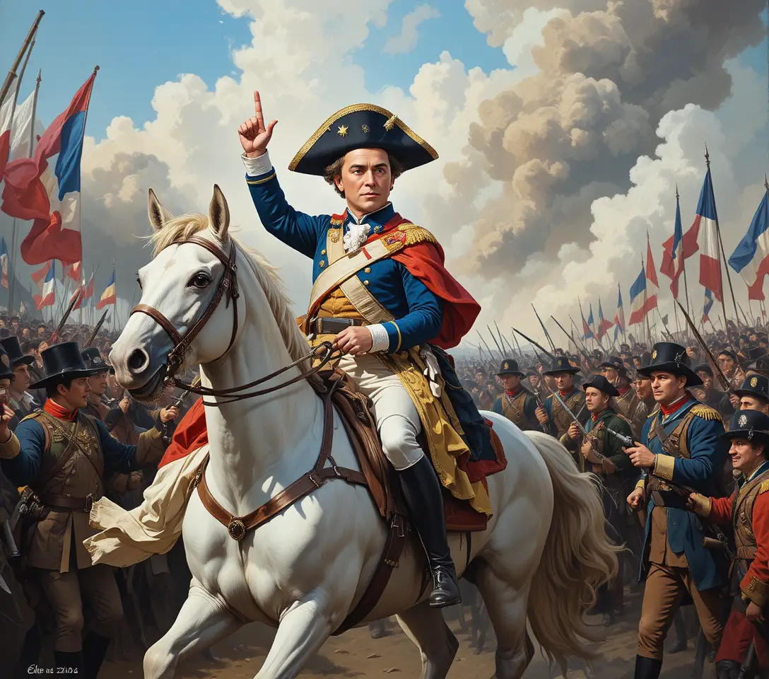Napoleon auf einem sich aufbäumenden weißen Pferd in dramatischer Schlachtszene