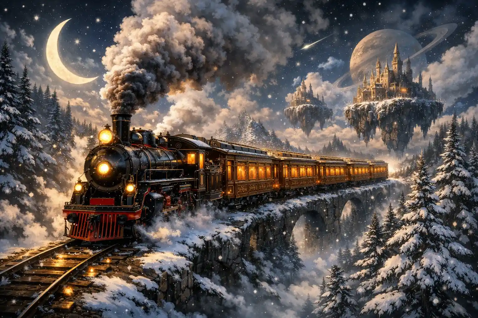 Train en bois majestueux traversant un paysage enneigé magique