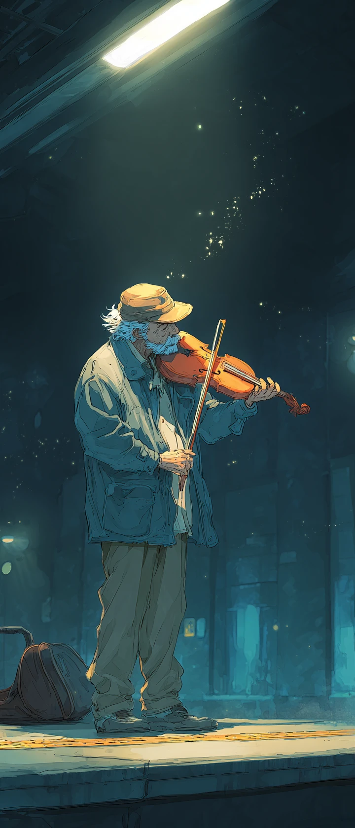 Violinista de rua idoso em uma plataforma de metrô vazia à meia-noite